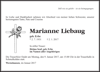 Traueranzeige von Marianne Liebaug von Südthüringer Presse