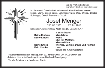 Traueranzeige von Josef Menger von Frankenpost