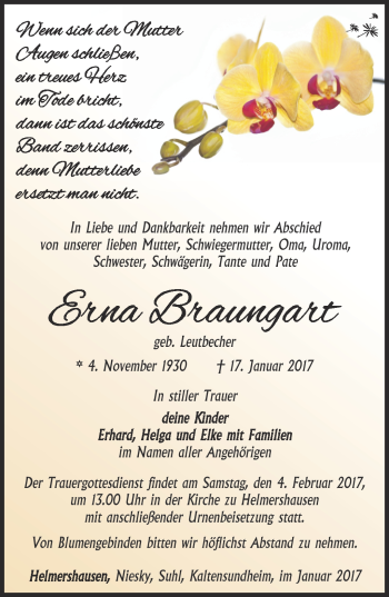 Traueranzeige von Erna Braungart von Südthüringer Presse