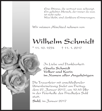 Traueranzeige von Wilhelm Schmidt von Südthüringer Presse