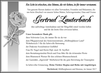 Traueranzeige von Gertrud Lauterbach von Südthüringer Presse