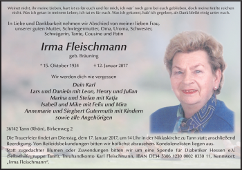 Traueranzeige von Irma Fleischmann von Südthüringer Presse