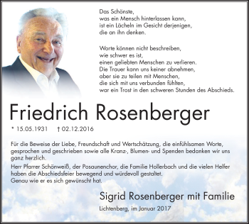 Traueranzeige von Friedrich Rosenberger von Frankenpost