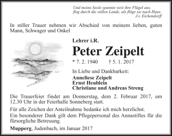 Traueranzeige von Peter Zeipelt von Südthüringer Presse