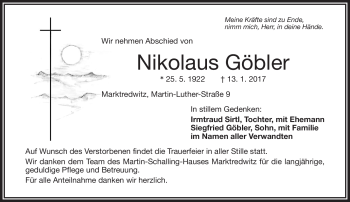 Traueranzeige von Nikolaus Göbler von Frankenpost