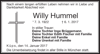 Traueranzeige von Willy Hummel von Neue Presse Coburg
