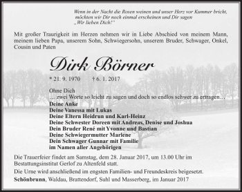 Traueranzeige von Dirk Böhner von Südthüringer Presse