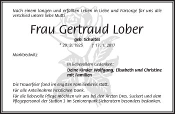 Traueranzeige von Gertraud Lober von Frankenpost