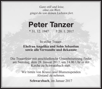 Traueranzeige von Peter Tanzer von Südthüringer Presse