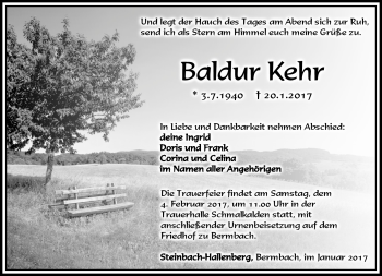 Traueranzeige von Baldur Kehr von Südthüringer Presse