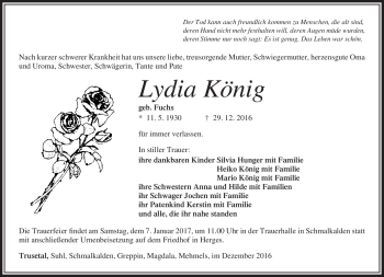 Traueranzeige von Lydia König von Südthüringer Presse