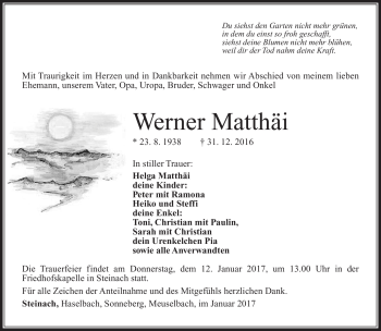 Traueranzeige von Werner Matthäi von Südthüringer Presse