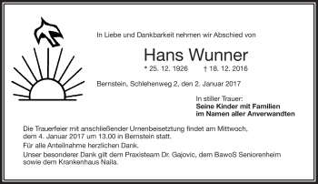Traueranzeige von Hans Wunner von Frankenpost
