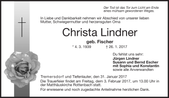 Traueranzeige von Christa Lindner von Neue Presse Coburg