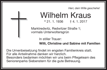 Traueranzeige von Wilhelm Kraus von Frankenpost