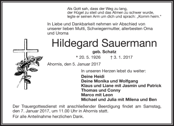 Traueranzeige von Sauermann Hildegard von Frankenpost