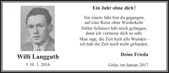 Traueranzeige von Willi Langguth von Frankenpost