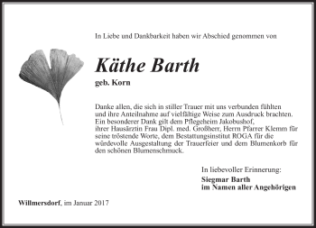 Traueranzeige von Käthe Barth von Südthüringer Presse