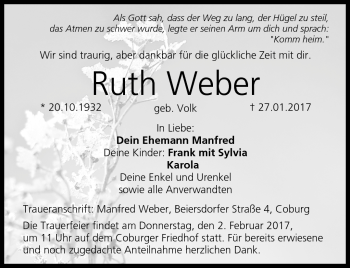 Traueranzeige von Ruth Weber von Neue Presse Coburg