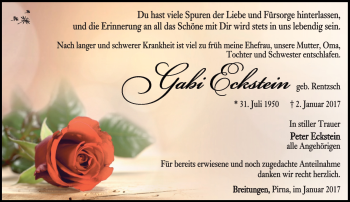 Traueranzeige von Gabriele Eckstein von Südthüringer Presse