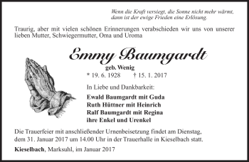 Traueranzeige von Emmy Baumgardt von Südthüringer Presse