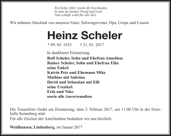 Traueranzeige von Heinz Scheler von Südthüringer Presse