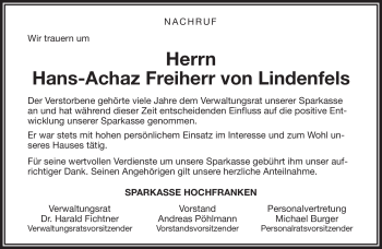 Traueranzeige von von Lindenfels Hans-Achaz von Frankenpost