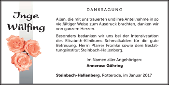 Traueranzeige von Inge Wülfing von Südthüringer Presse