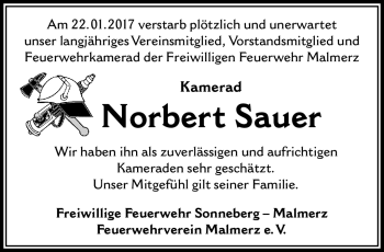 Traueranzeige von Norbert Sauer von Südthüringer Presse