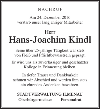 Traueranzeige von Hans-Joachim Kindl von Südthüringer Presse