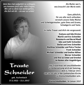 Traueranzeige von Traute Schneider von Südthüringer Presse