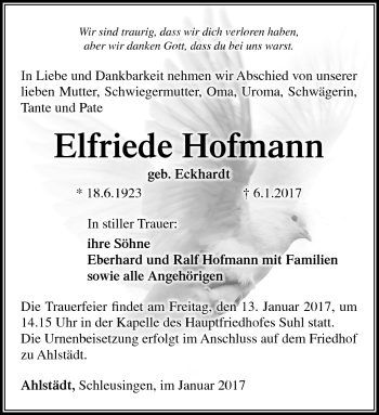 Traueranzeige von Elfriede Hofmann von Südthüringer Presse