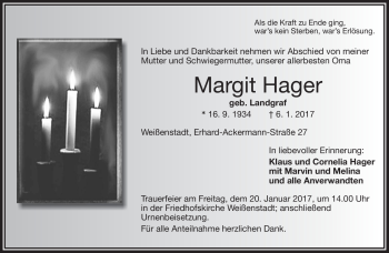 Traueranzeige von Margit Hager von Frankenpost