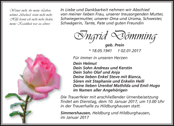 Traueranzeige von Ingrid Dömming von Südthüringer Presse