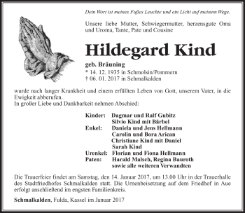Traueranzeige von Hildegard Kind von Südthüringer Presse
