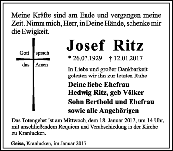Traueranzeige von Josef Ritz von Südthüringer Presse