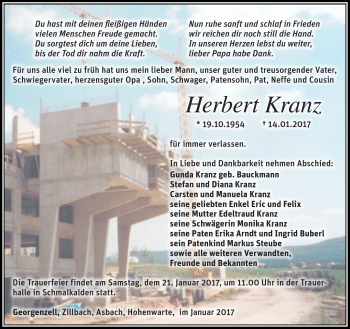 Traueranzeige von Herbert Kranz von Südthüringer Presse