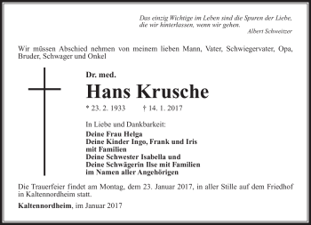 Traueranzeige von Hans Krusche von Südthüringer Presse