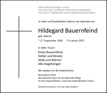 Traueranzeige von Hildegard Bauernfeind von Frankenpost