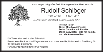 Traueranzeige von Rudolf Schödel von Frankenpost