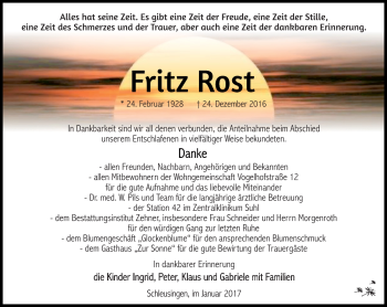 Traueranzeige von Fritz Rost von Südthüringer Presse