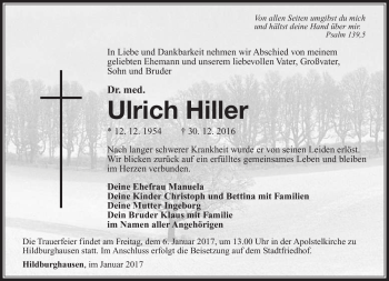 Traueranzeige von Ullrich Hiller von Südthüringer Presse