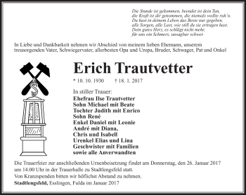 Traueranzeige von Erich Trautvetter von Südthüringer Presse