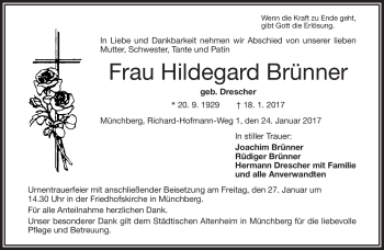 Traueranzeige von Hildegard Brünner von Frankenpost
