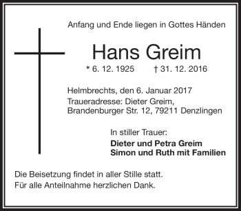 Traueranzeige von Hans Greim von Frankenpost