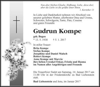 Traueranzeige von Gudrun Kompe von Südthüringer Presse