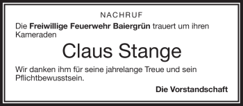 Traueranzeige von Claus Stange von Frankenpost