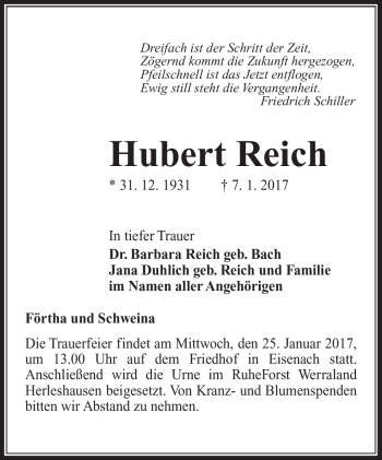 Traueranzeige von Hubert Reich von Südthüringer Presse