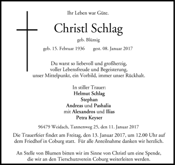 Traueranzeige von Christl Schlag von Neue Presse Coburg