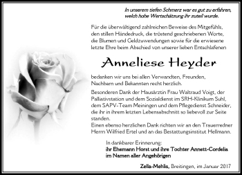 Traueranzeige von Anneliese Heyder von Südthüringer Presse